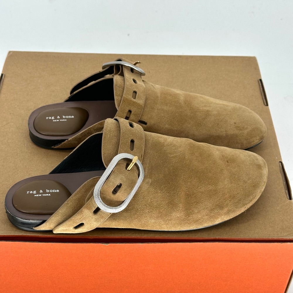 Rag & Bone Ansley Tan Brown Mule Clog Slip On Leather Slides Buckle Womens EU 39 - Picture 2 of 9